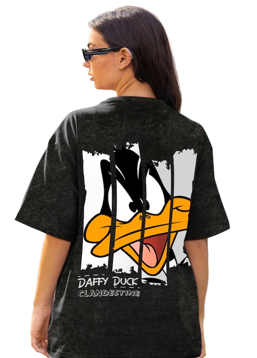 Дамска овърсайз тениска Clandestine x Daffy Duck, памук, винтидж черна, румънска модна марка, XS/S
