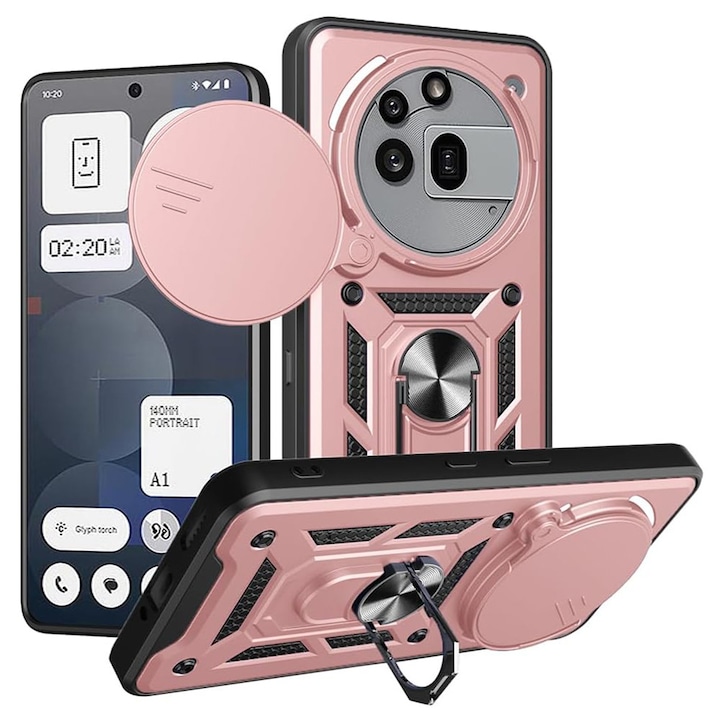 Калъф за Nothing Phone, Pro Ring Armor Kickstand Tough Rugged Cover, С протектор за камера, Розов