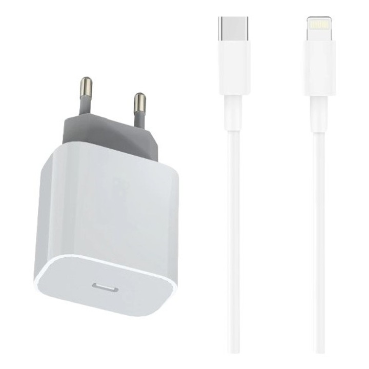 Съвместимо зарядно, Lightning щепсел, 20W, I-phone 14, 13, 12, 11, 8, 7, 6, 5, Usb Type-C вход, Lightning изход, 1m кабел, Бял, HAPPY JOKER®