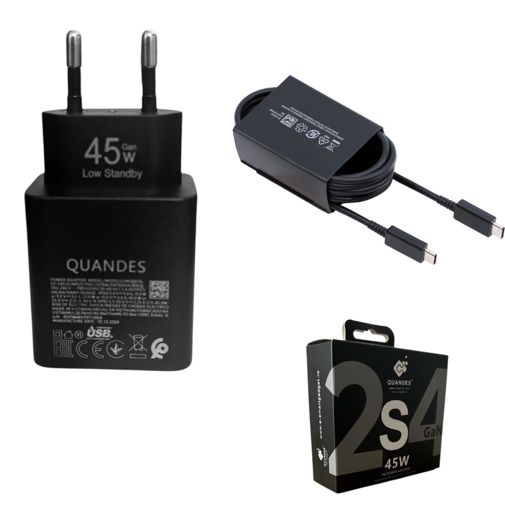 Kit Incarcator retea USB-C 45W GaN T4510, QUANDES®, super Fast Charger, Compatibil cu Galaxy S24 / S25, ultra, Cablu de date Tip C- C, 5A, 1.8m