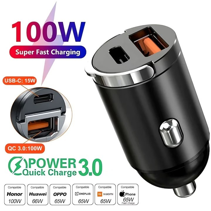 Incarcator auto, hidden design, Stone®, SuperFastCharge 100W, USB-A 100W + USB Tip C PD 15W incarcare rapida, compatibil Apple, Samsung, Huawey, tableta, corp metalic, 12-24V, Negru
