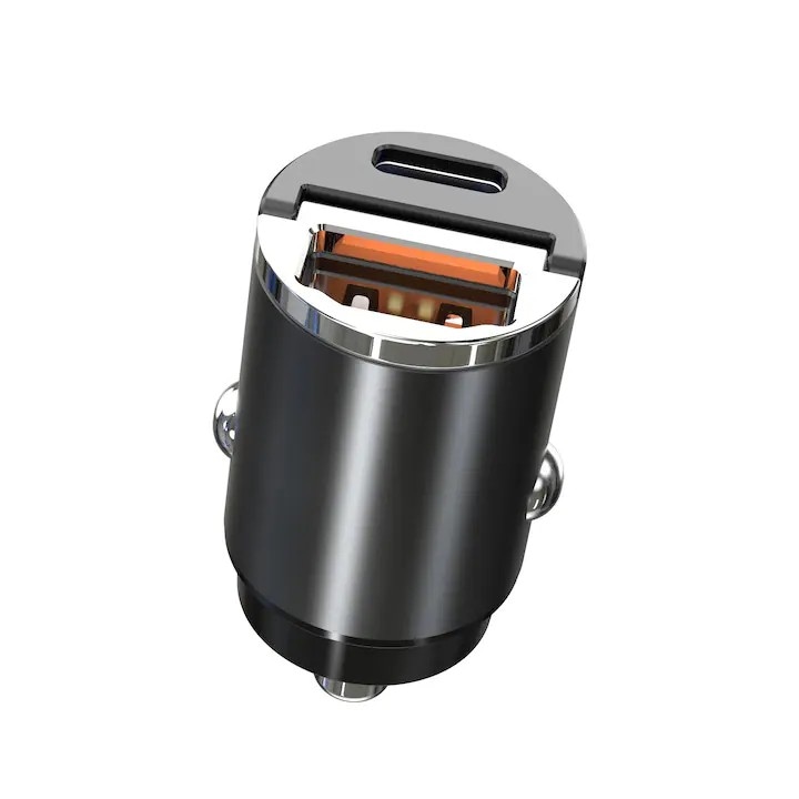 Incarcator auto, hidden design, Stone®, SuperFastCharge 100W, USB-A 100W + USB Tip C PD 15W incarcare rapida, compatibil Apple, Samsung, Huawey, tableta, corp metalic, 12-24V, Negru