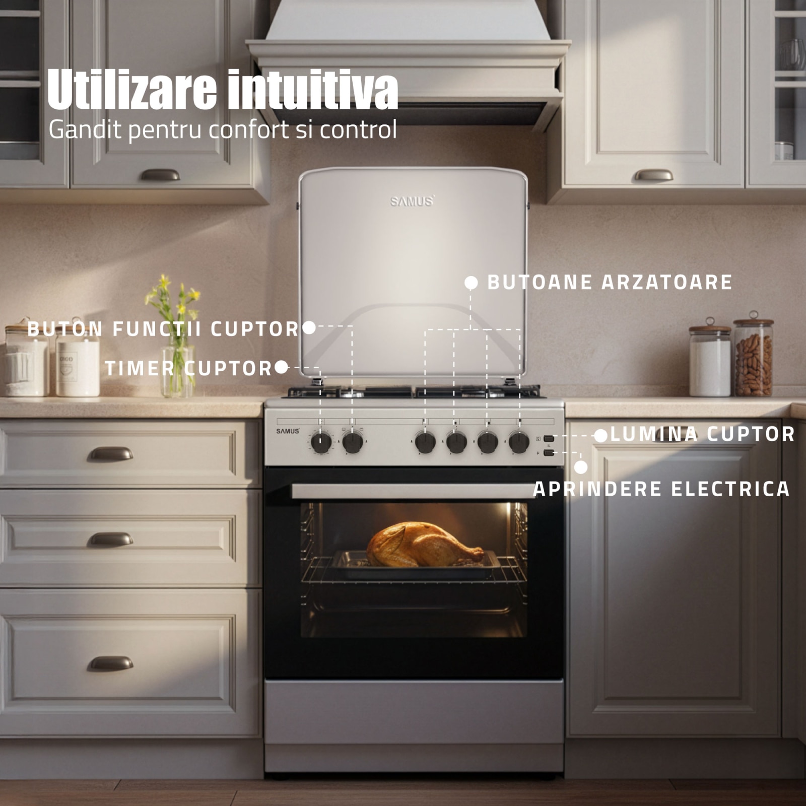 Aragaz Samus SM661XPGS1, 4 arzatoare (1 wok), Cuptor pe gaz, 55 L, Grill, Timer, Aprindere electrica plita, Siguranta plita + cuptor, Partea frontala din inox + laterale argintii
