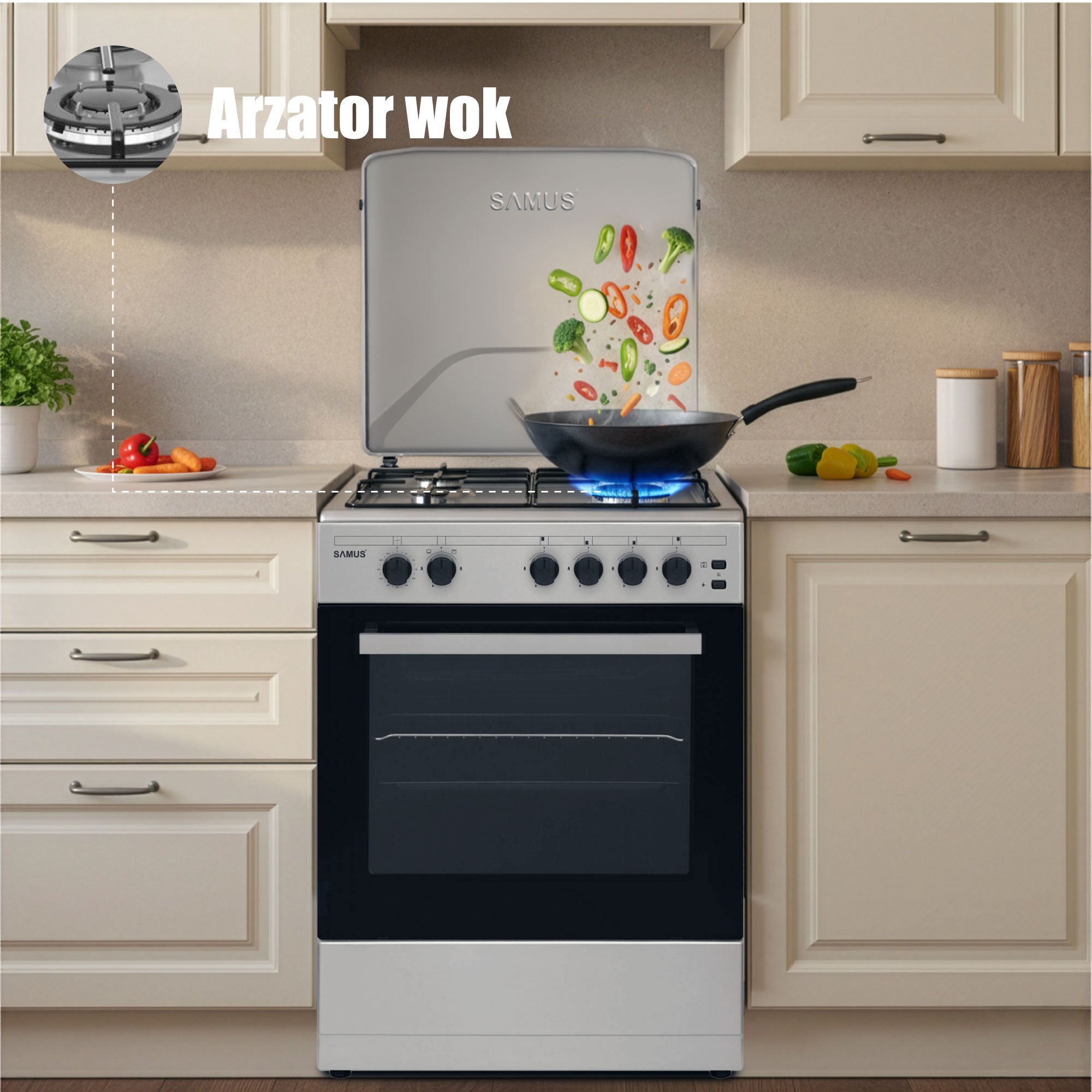 Aragaz Samus SM661XPGS1, 4 arzatoare (1 wok), Cuptor pe gaz, 55 L, Grill, Timer, Aprindere electrica plita, Siguranta plita + cuptor, Partea frontala din inox + laterale argintii