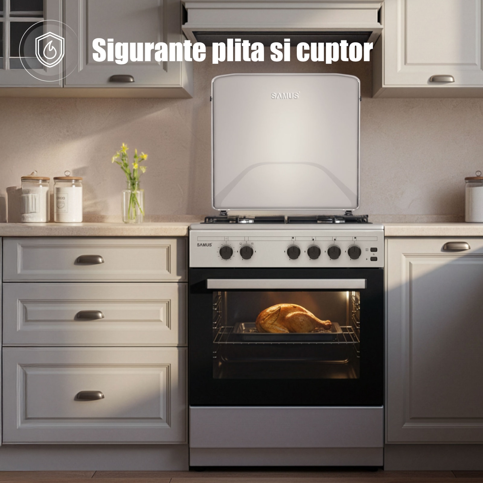 Aragaz Samus SM661XPGS1, 4 arzatoare (1 wok), Cuptor pe gaz, 55 L, Grill, Timer, Aprindere electrica plita, Siguranta plita + cuptor, Partea frontala din inox + laterale argintii