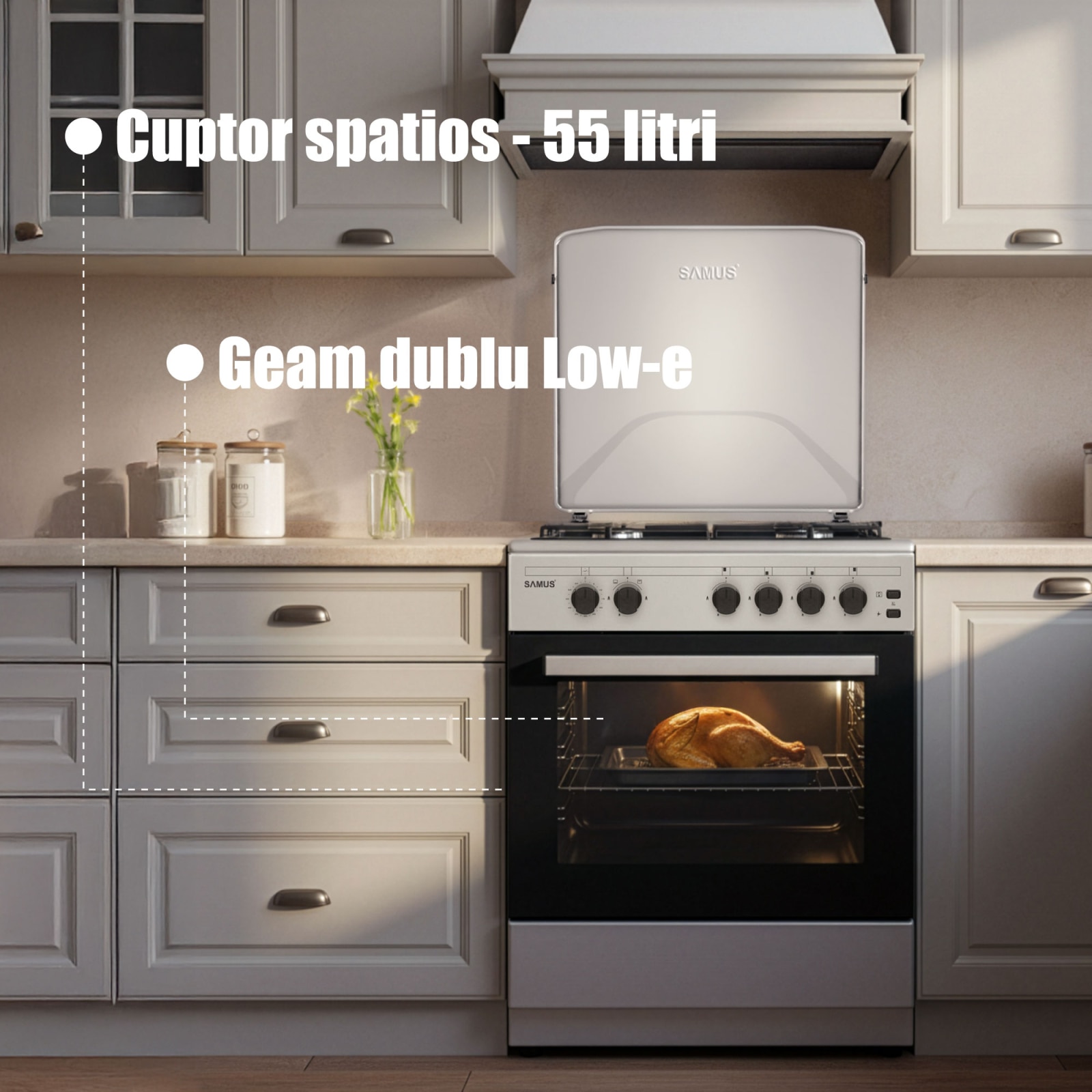 Aragaz Samus SM661XPGS1, 4 arzatoare (1 wok), Cuptor pe gaz, 55 L, Grill, Timer, Aprindere electrica plita, Siguranta plita + cuptor, Partea frontala din inox + laterale argintii