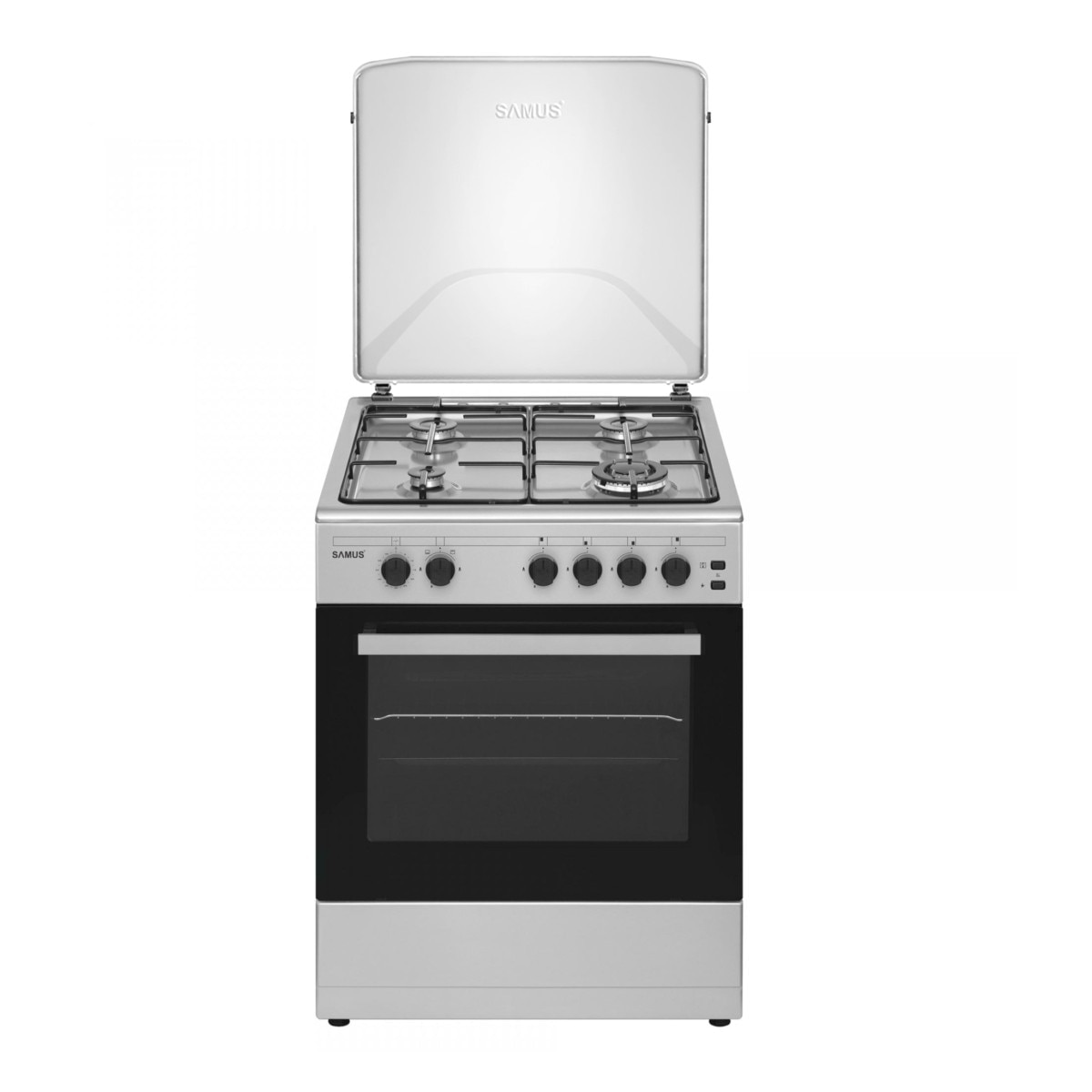 Aragaz Samus SM661XPGS1, 4 arzatoare (1 wok), Cuptor pe gaz, 55 L, Grill, Timer, Aprindere electrica plita, Siguranta plita + cuptor, Partea frontala din inox + laterale argintii