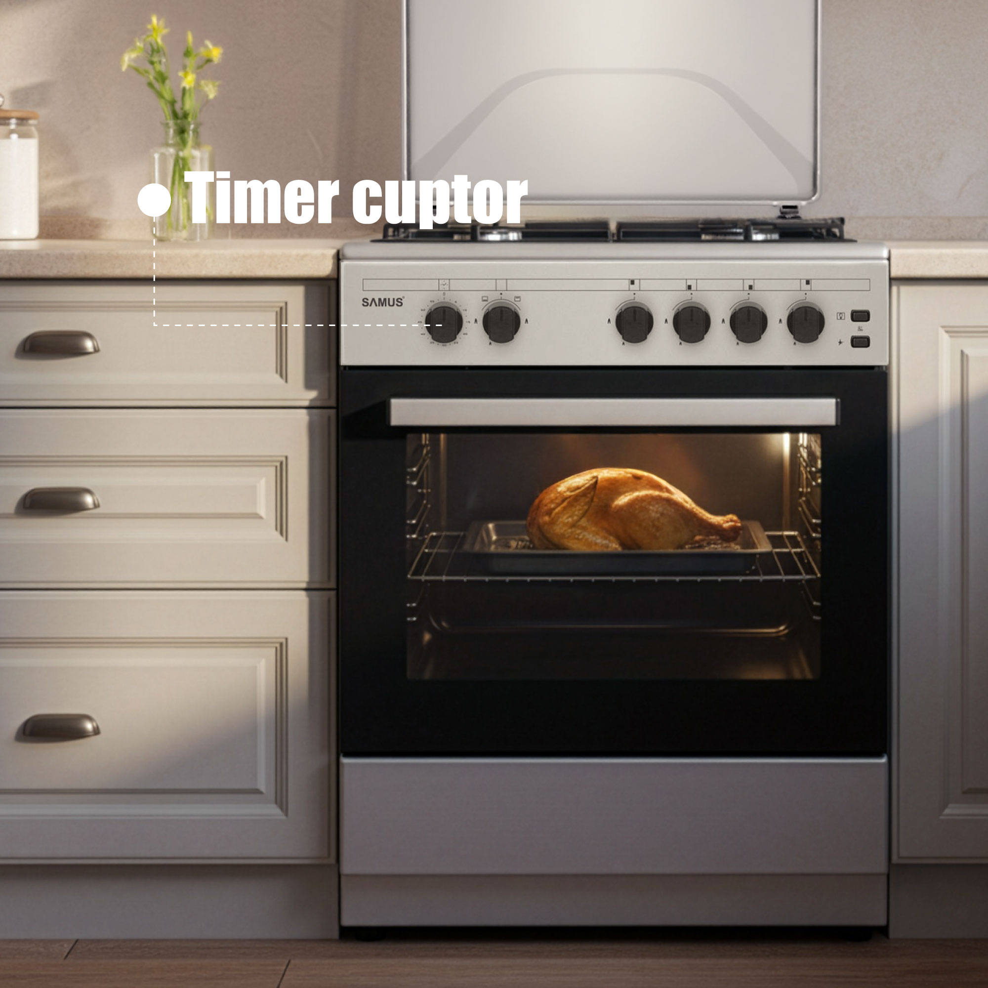 Aragaz Samus SM661XPGS1, 4 arzatoare (1 wok), Cuptor pe gaz, 55 L, Grill, Timer, Aprindere electrica plita, Siguranta plita + cuptor, Partea frontala din inox + laterale argintii
