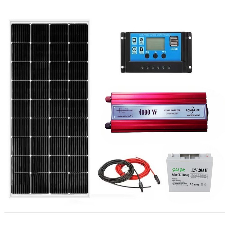 Kit fotovoltaic off grid invertor 4000W 12V si 24V, panou solar 120W, regulator/ controller 30A, baterie solara 20Ah, 20 m cablu solar, duce frigider, becuri, televizor pentru cabana, rulota, casa, autorulota, container, iluminat, Solid Volt