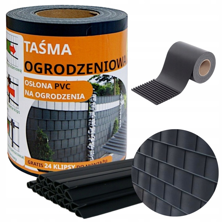 Set Banda De Gard Cu Cleme, Ekspand, Material de inalta calitate, Pvc, Rezistenta La Uv, Rezistent La Apa, Gramaj: 450 G/M2, 19 Cm X 35 M, Grafit, 24 Cleme