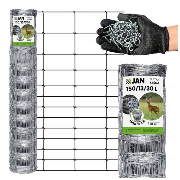 Plasa De Gard Forestier, JAN, 1 Rola, 150/13/30 L, 50 m, Inaltime 150 cm, 13 Fire Orizontale, Distanta Intre Firele Verticale 30 cm, Fir Inferior Si Superior 2 mm, Firele Verticale Si Orizontale Intermediare 1.6 mm, Argintie