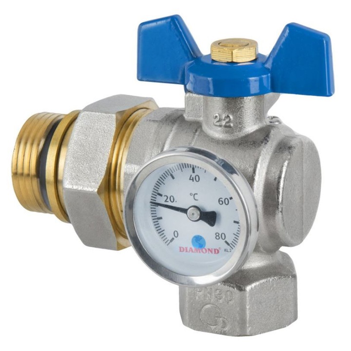 DIAMOND 1'' golyóscsap, menetes és hőmérős, kék, 72,9 mm