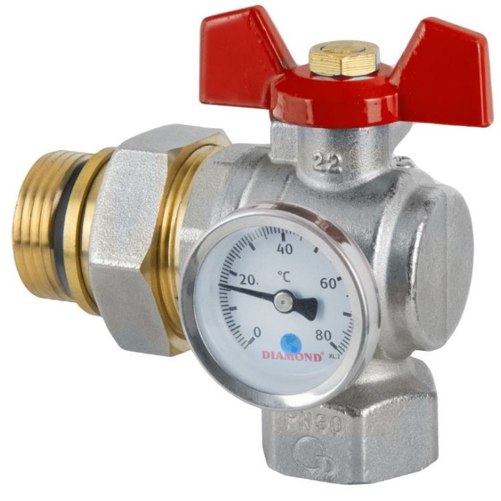 DIAMOND 1'' golyóscsap, csavarral és hőmérővel, piros, 72,9 mm