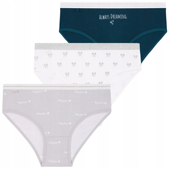 Lányka bugyi, Moraj, 3 pár, pamut, többszínű, csillámos díszítéssel, 146-152 CM