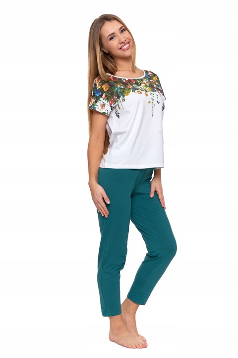 Дамска пижама, Moraj, комплект от две части, цветя, бяло-сив, памук