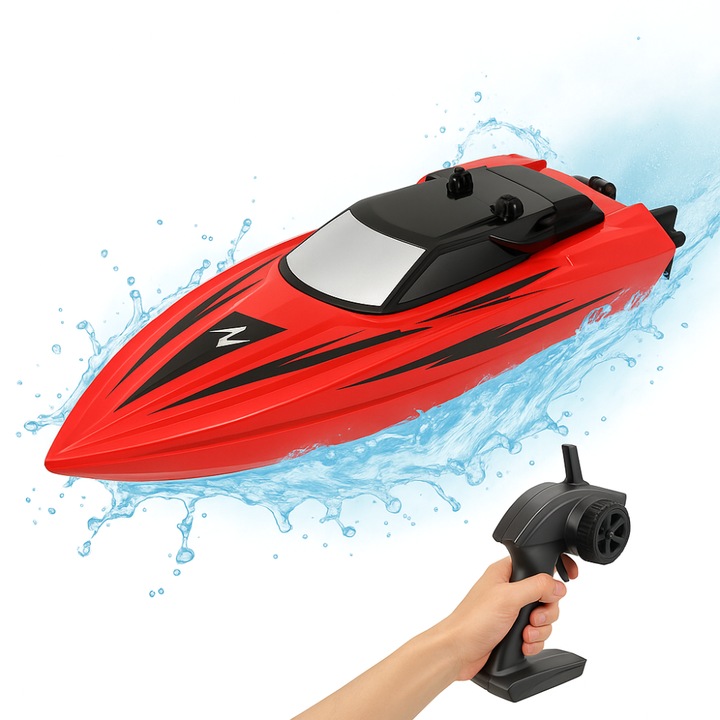 Barca cu Telecomanda Velixo®, Viteza 8 km/h, Frecventa 2.4G, Raza de Control 50m, 2 Motoare, Pornire Automata, Avertizare Baterie Descarcata, Rezistent la Apa, Timp de Functionare 20 de Minute, Incarcare USB, Baterie Reincarcabila, Rosu/Negru