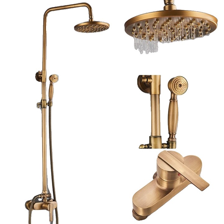 Set robinet de dus de baie din alama antica, cap de dus rotund de 8 inch, reglabil in inaltime, FTIE1