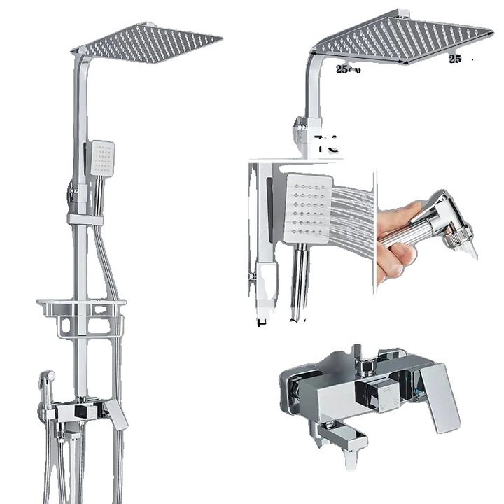 Set de robinete de dus cu spray superior, dus de mana si bidet, crom, 25x25cm