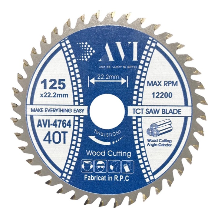 Disc premium cu vidia, AVI® 125mm pentru taiat lemnul, 40T, prindere Ø22.23mm pentru polizor unghiular, AVI-4764