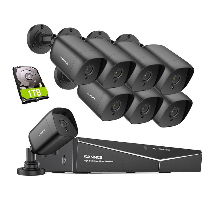 Система за видеонаблюдение, 8 камери, 5MP, нощно виждане до 30 метра, IP66, 1TB