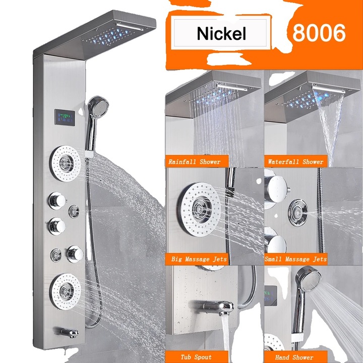 Coloana de dus, Nickel 8006, cap de dus din alama, inaltime ajustabila, 5 functii de apa, 47.5x20cm