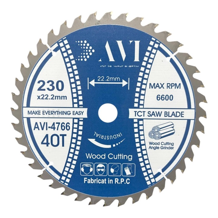 Disc premium cu vidia, AVI® 230mm pentru taiat lemnul, 40T, prindere Ø22.23mm pentru polizor unghiular, AVI-4766