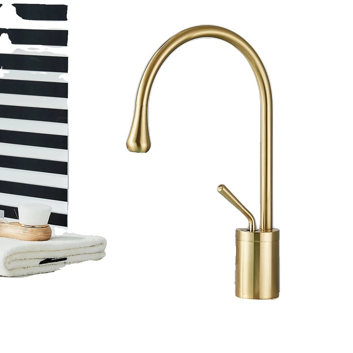 Fürdőszobai csaptelep, modern dizájn, egykaros, hideg és meleg víz, szálcsiszolt arany, pultra szerelhető