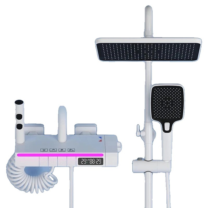 Set de dus cu panou de control, cap de dus de 10 inch, afisaj digital, iluminare ambientala, alb