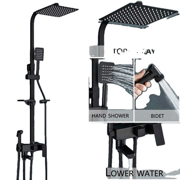 Fürdőszobai csaptelep zuhanyzóval, modern dizájn, egykaros vezérlés, fekete kivitel, 20x20 cm, 4 irányú szett