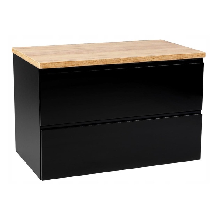 Dulap de baie suspendat cu blat gros, DomoDomo, 80cm, Negru lucios