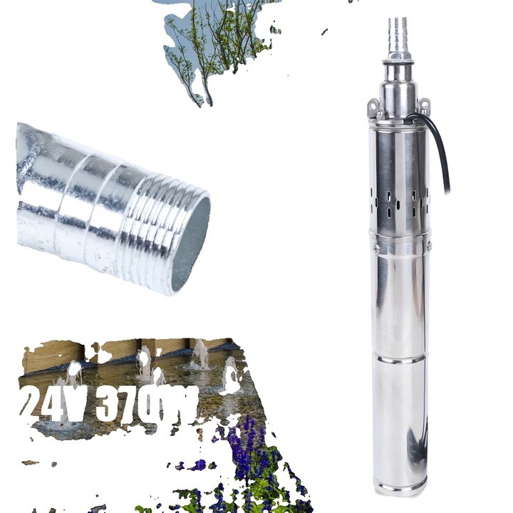 Pompa submersibila pentru fantana adanca, 370W, 24V, argintie, dimensiuni 7x54.5cm