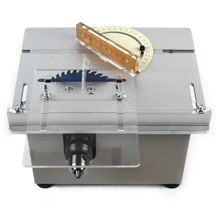 T6 Mini fierastrau de masa, Fierastrau circular de banc, Pentru prelucrarea lemnului, 96 W DC, Pentru disc 10–11 cm, Alezaj 16 mm, Cablu 1, 2 m, Argintiu