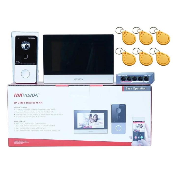 Kit interfon video, comunicare hands-free, ecran tactil colorat, set cu switch PoE, 2000 utilizatori, impermeabil