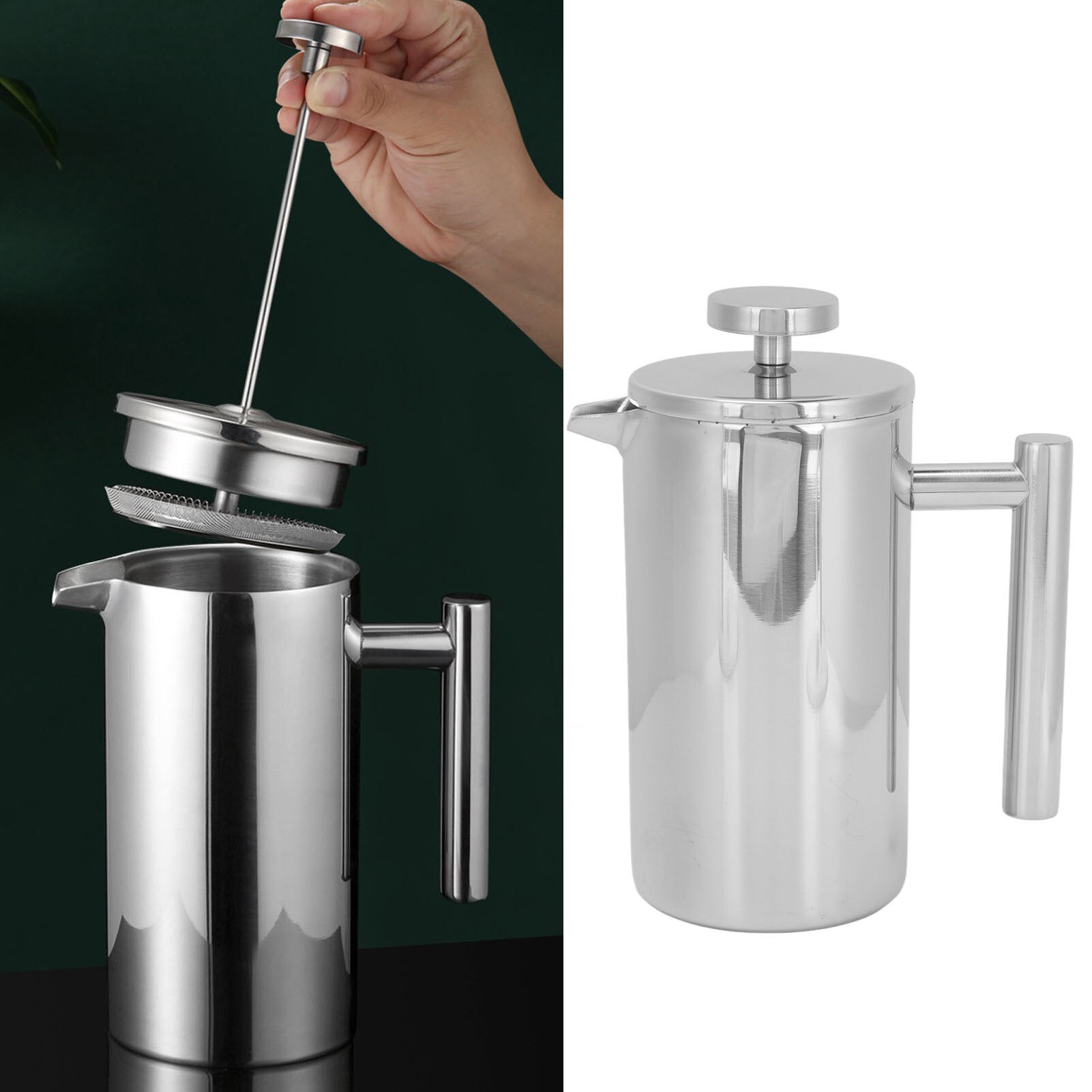 Cafetiera French Press, 350ml, otel inoxidabil, izolatie dubla, argintiu