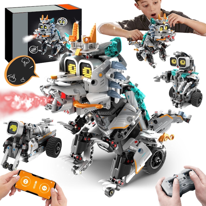 Robot de jucarie 3 in 1, Puepoul, 775 Piese, cu 2.4G telecomanda si aplicatie, Dinozaur, Poate pulveriza, Programabil, Robot de construit, Jucarie interactiva cu sunet si ochi LED, Stimuleaza creativitatea si gandirea, 13.5x31x22cm, 8 ani+, Argintiu