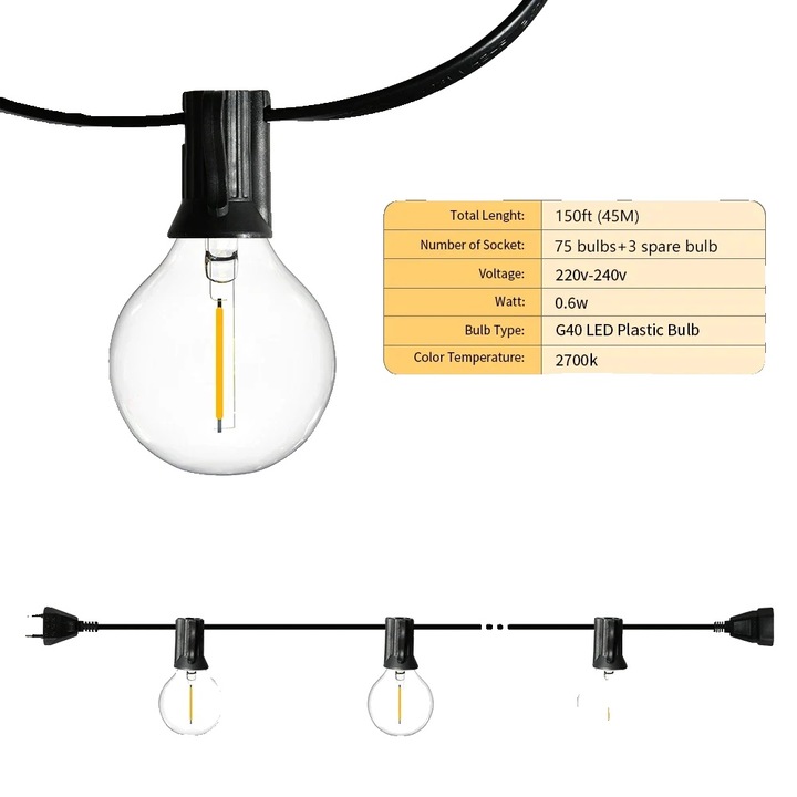 Luminile LED G40, set 150ft (45M), 75 socluri, temperatura de culoare 2700K, rezistente la apa