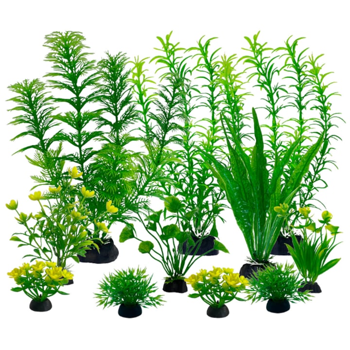 Set 11 Accesorii Acvariu Luoistu, Plante Verzi din Plastic, Dimensiuni Diverse 5-20cm