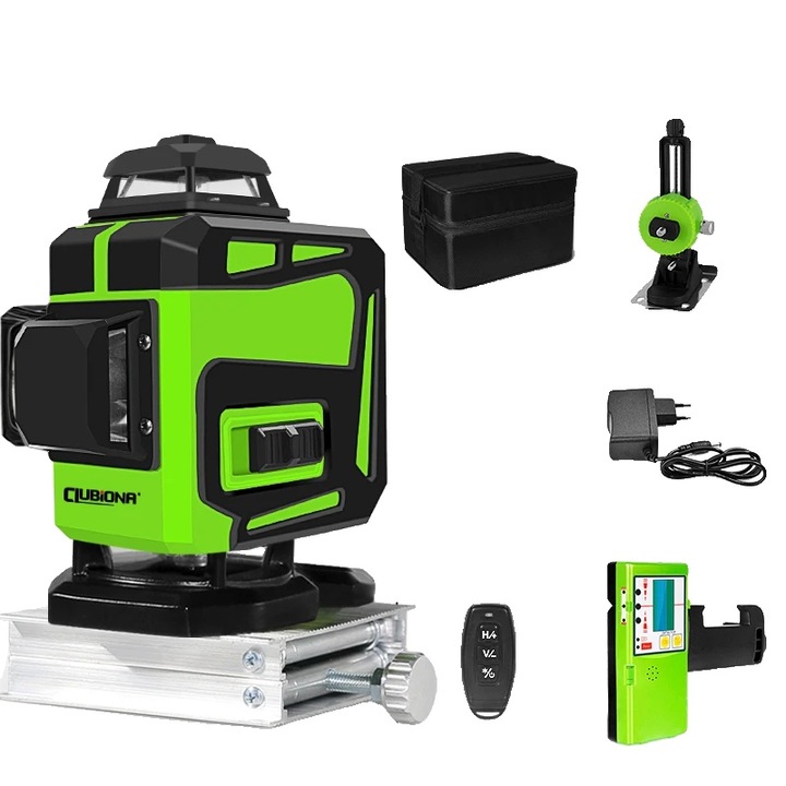 4D зелен лазерен нивелир, самонивелиращ се, дистанционно управление, 20 м, 1 батерия, платнена чанта, магнитен държач