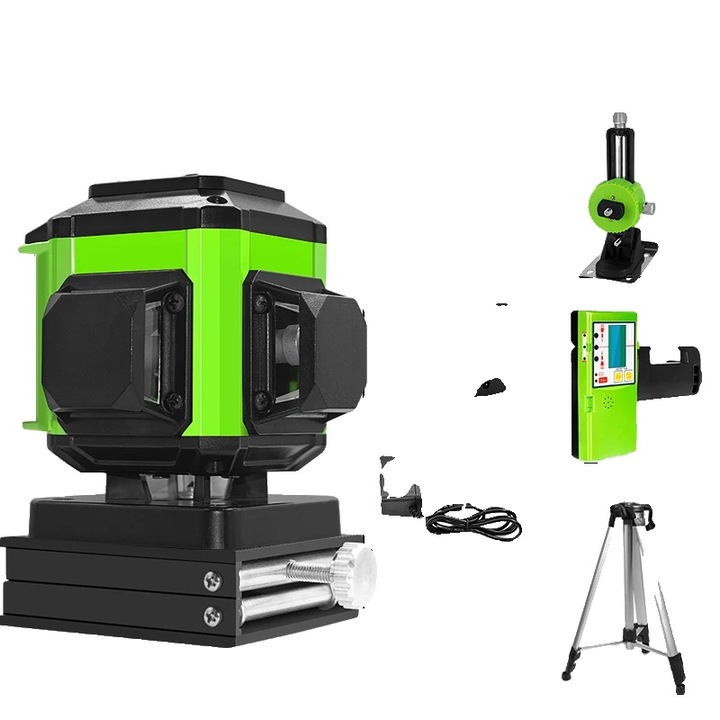 4D зелен лазерен нивелир, самонивелиране, дистанционно управление, 2 батерии, платнена чанта, магнитен държач
