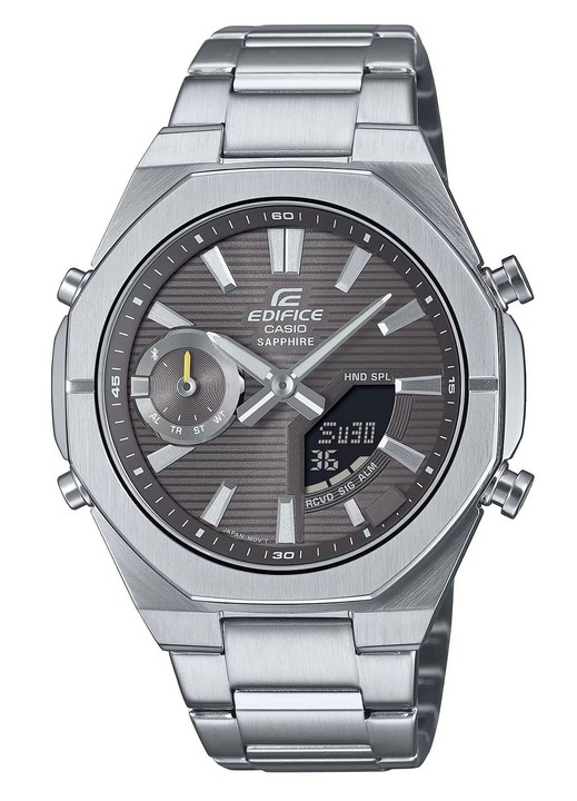 Ceas Casio, quartz, gri, 43mm, cu bratara din inox, rezistent la apa 10 ATM