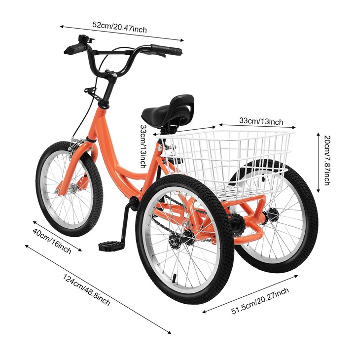 Детска триколка, 14 инча, високо въглеродна стоманена рамка, двойна V-образна спирачна система, капацитет 110 lbs, голям кош за съхранение
