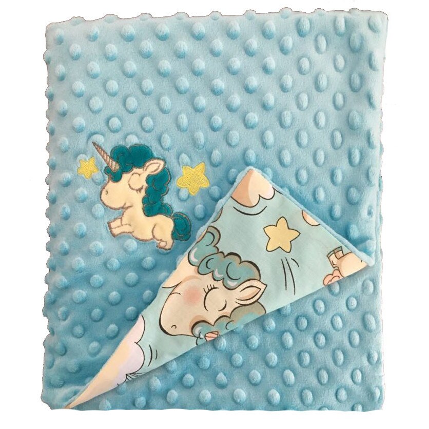 Paturica 2 fete, Minky, turcoaz cu unicorn, 80x100cm