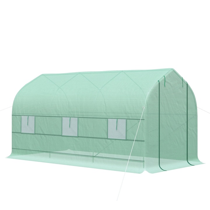 Kerti Alagút Üvegház, Fém Keret, 6 Ablak, Rolós Ajtó, Zöld