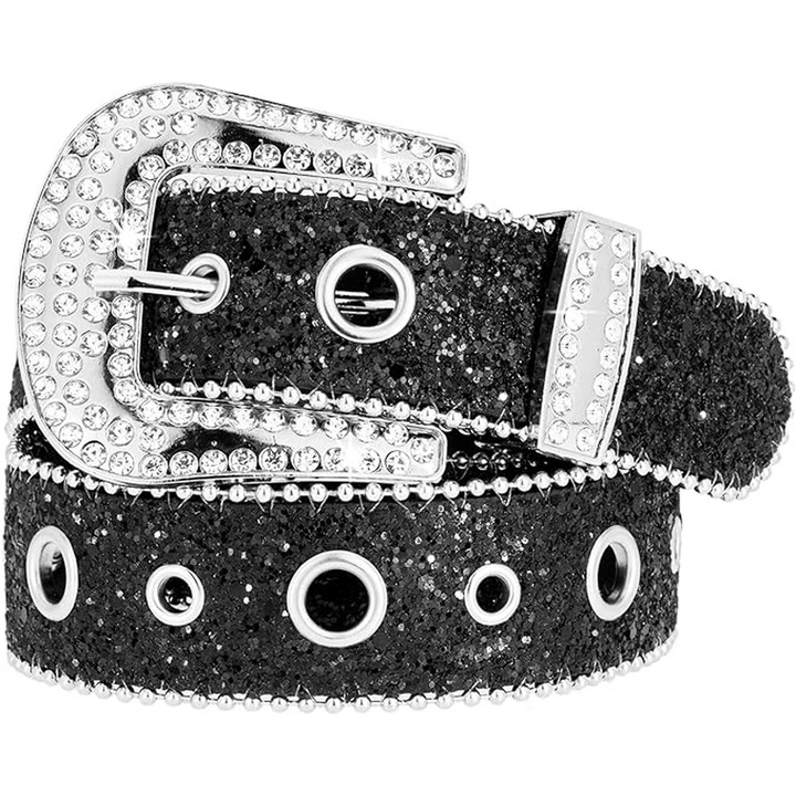 Дамски кожен колан с кристали, винтидж дизайн, черно и сребристо, 3,8 см x 105 см, за талия 75-94 см