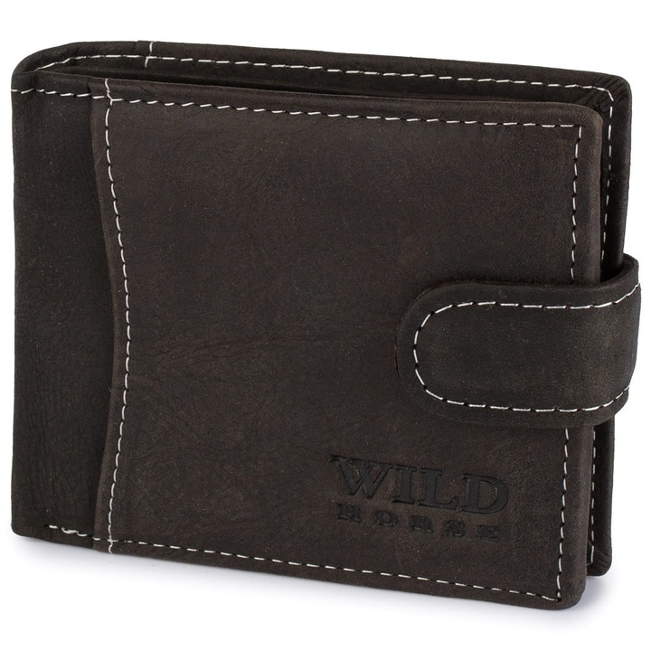Portofel barbati Wild Horse din piele naturala, maro, cu inchidere pe capse, 7 compartimente carduri