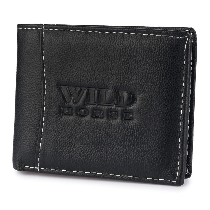 Portofel barbati Wild Horse, piele naturala, negru, 2 compartimente pentru bancnote, 7 sloturi pentru carduri
