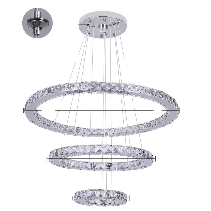 Lustra moderna cu cristale, 3 inele, dimabila, 60cm, crom, D60x40x20cm