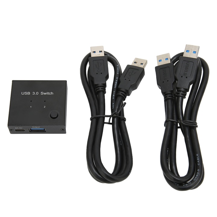 Comutator de partajare USB 3.0 pentru 2 computere, negru, cu 2 porturi de intrare si 1 port de iesire, set cu 2 cabluri USB 3.0