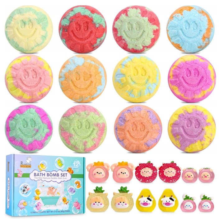 12 darabos Fürdőbomba készlet gyerekeknek játékokkal, gyönyörű, természetes színek, 12 illatváltozat
