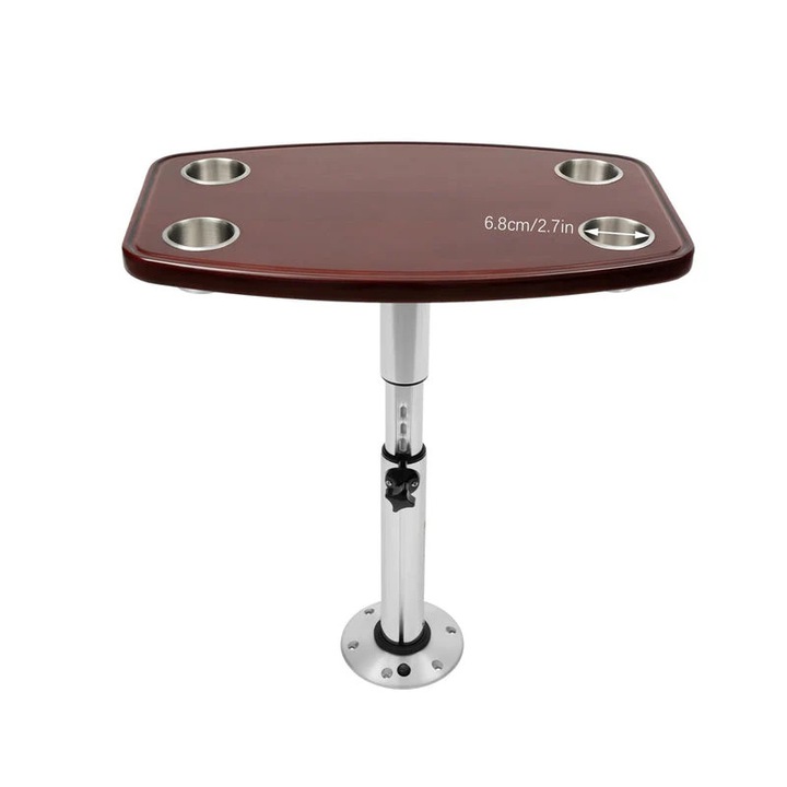 Маса, 4 поставки за напитки, регулируема, товароносимост 25 кг, масивно дърво и алуминий, 55x70 см